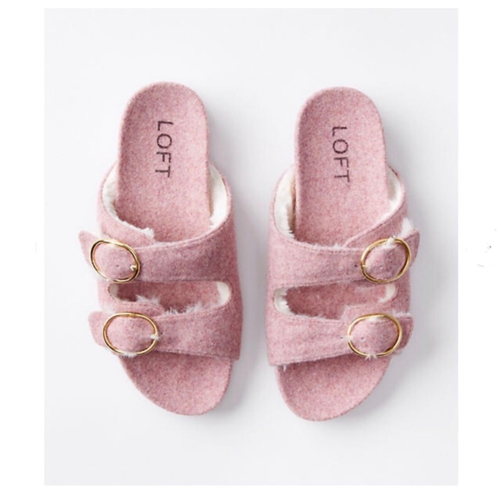 Ann Taylor LOFT Pink Faux Fur Slide Sandals with Gold Buckles Women’s M NWT - Picture 2 of 7